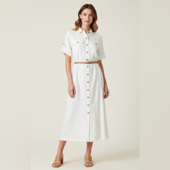 Cameilla Dresses & Skirts - White Button-Front Maxi Shirt Dress with Contrast Belt